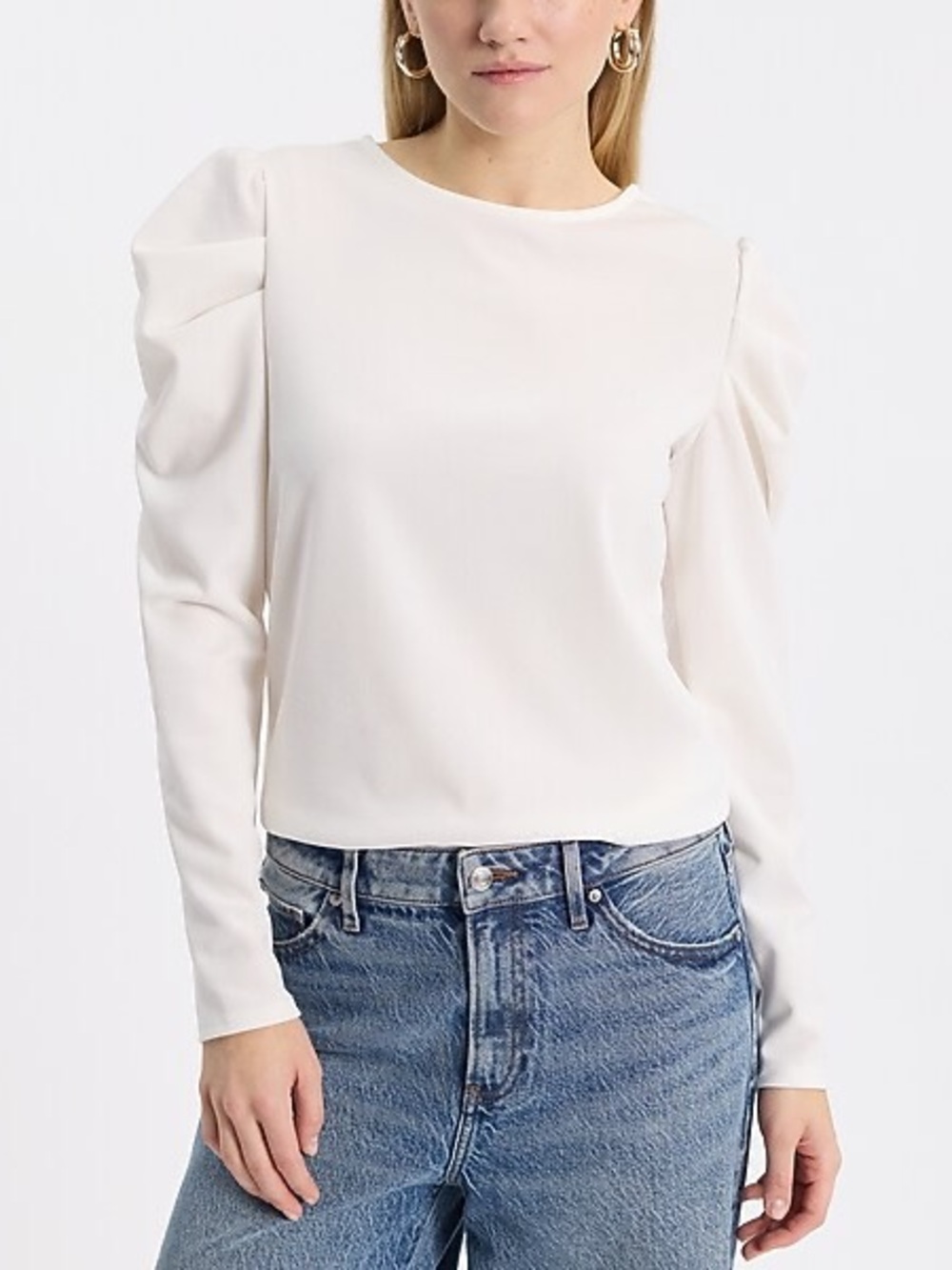 Express White Puff-Sleeve Long-Sleeve Blouse
